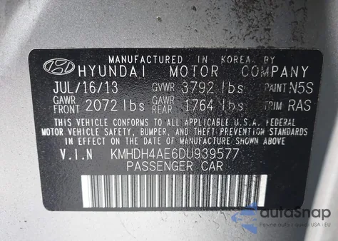 2013 Hyundai Elantra Gls z USA, uszkodzony, nr VIN KMHDH4AE6DU939577